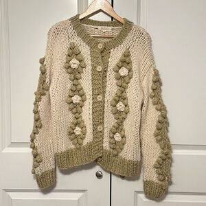 Listicle Cream and Green Knit Cardigan